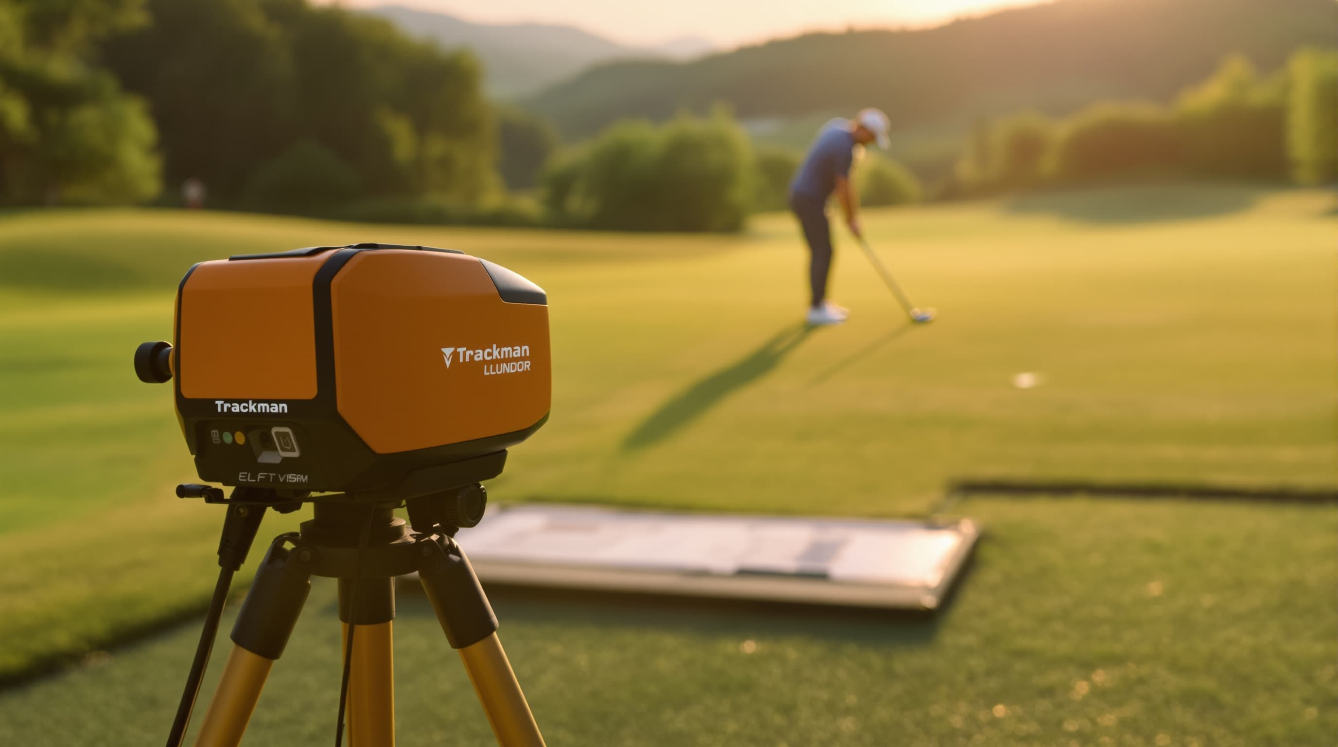 Trackman launch monitor on a tripod beside a golfer at address on an outdoor tee, golden hour